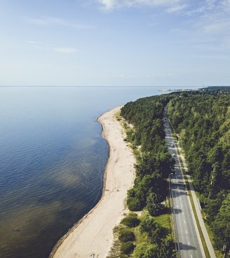 aerial photograph of road beside sea