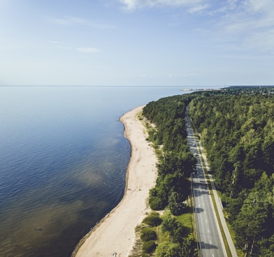 aerial photograph of road beside sea