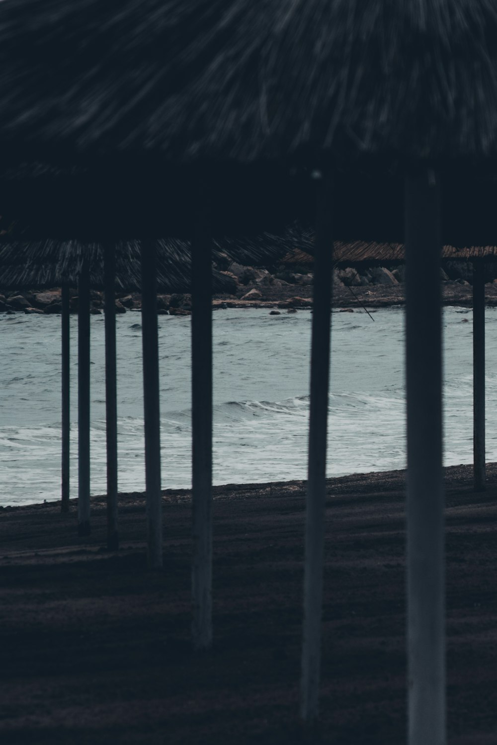 a row of umbrellas sitting next to a body of water