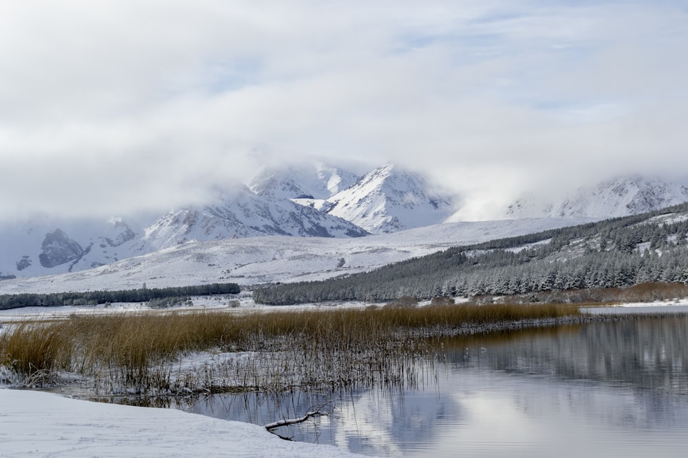 a lake surrounded by snow covered mountains