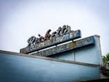 An aged, weathered sign with peeling paint that reads 'Ricketts Dry Cleaning Laundry Storage'. The sign's design features a retro style with faded blue and white colors atop a brick building. The overall condition of the sign suggests it has been exposed to the elements for a long period, giving it a nostalgic, vintage appearance.