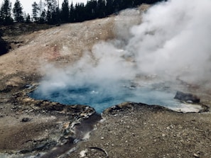 A steamy hot spring set in a rugged, rocky landscape. The spring has a deep blue pool surrounded by earthy, brown terrain. Steam rises heavily from the water, creating a misty atmosphere. In the background, a row of dark pine trees can be seen against the muted sky.