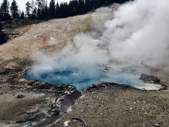 A steamy hot spring set in a rugged, rocky landscape. The spring has a deep blue pool surrounded by earthy, brown terrain. Steam rises heavily from the water, creating a misty atmosphere. In the background, a row of dark pine trees can be seen against the muted sky.
