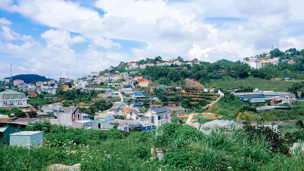 Casas blancas y azules bajo el cielo blanco durante el día