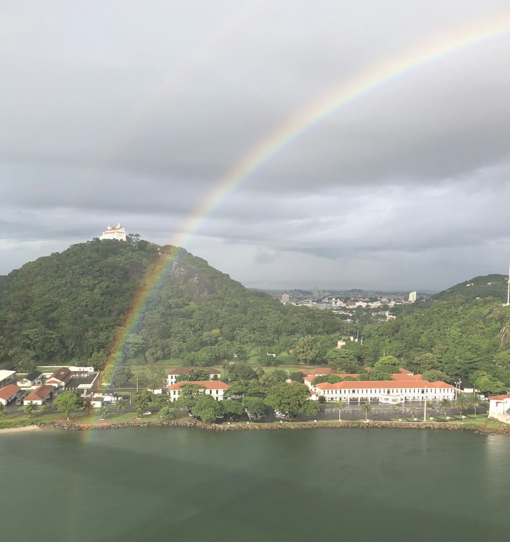 houses surrounded with tall and green trees near lake showing rainbow