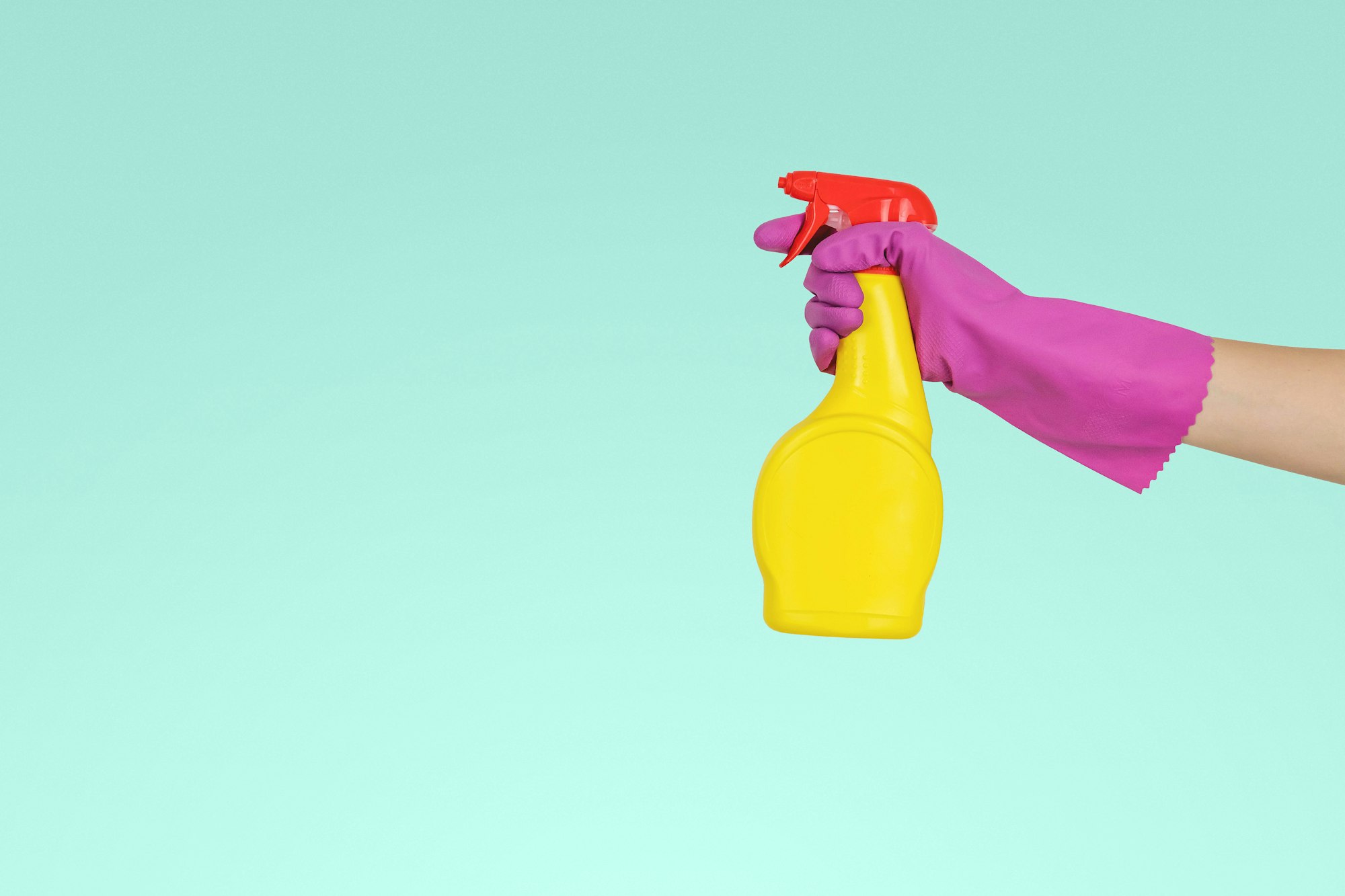 Violet gloves and yellow spray bottle used for cleaning.