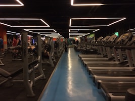 A vibrant gym space with people engaging in fitness activities.