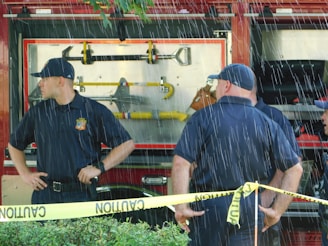 Several firefighters are standing in front of an open fire truck equipment compartment during a rainstorm. They are wearing dark uniforms, caps, and are surrounded by yellow caution tape. Various firefighting tools are visible in the truck's compartment.