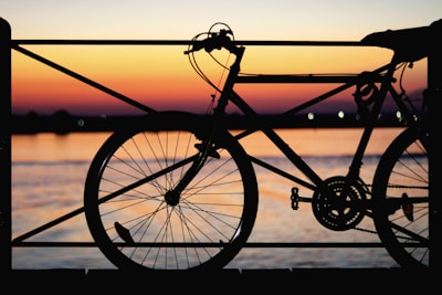 silhouette of park bicycle near body of water