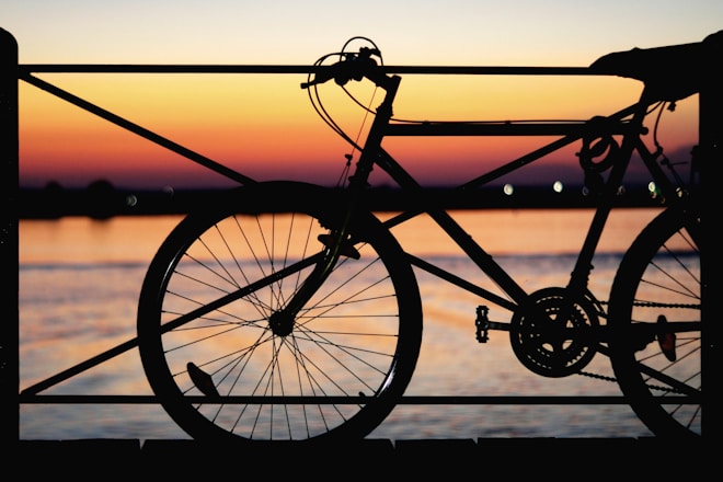 silhouette of park bicycle near body of water