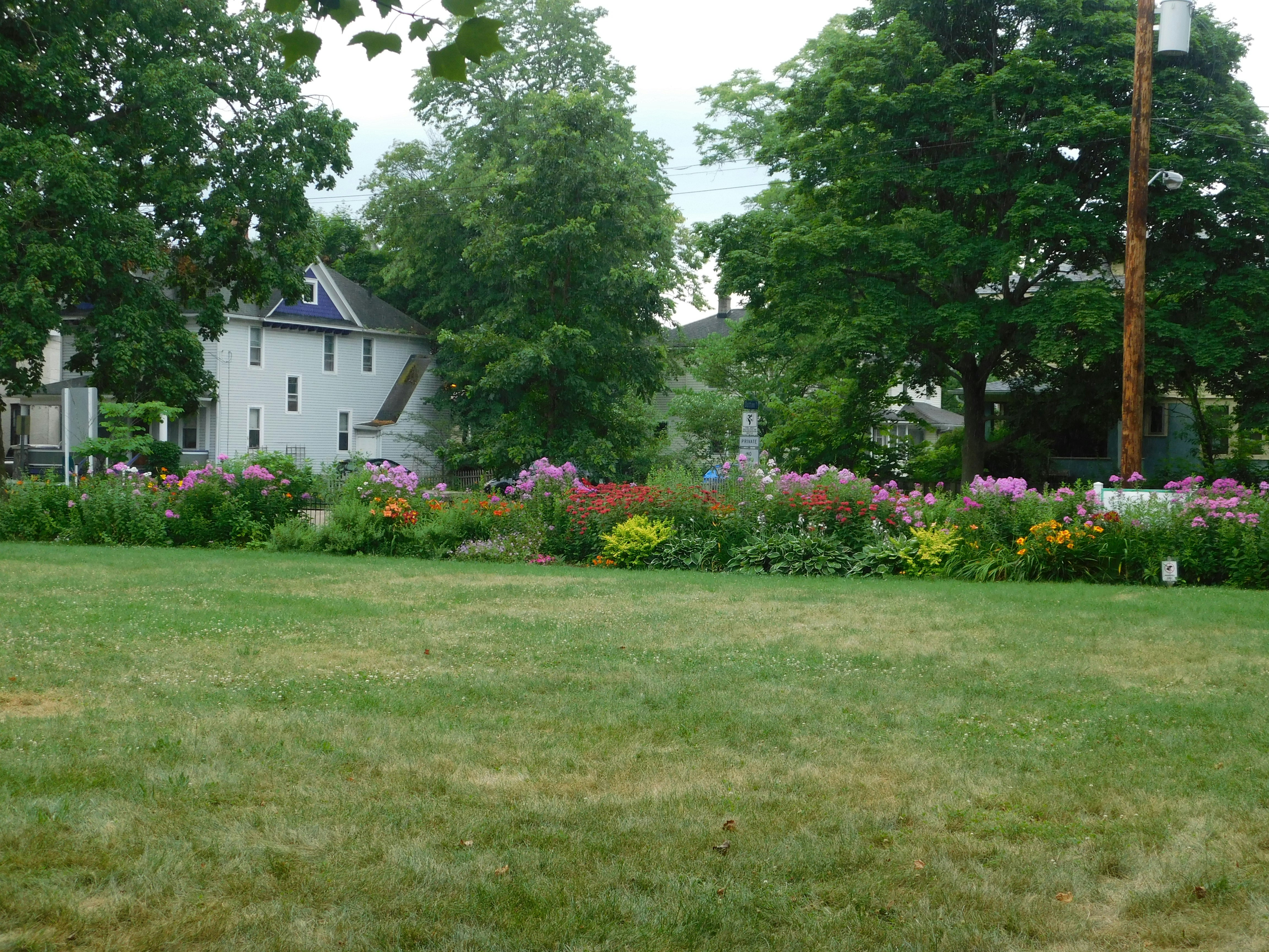 Beautifully mowed backyard with flower beds