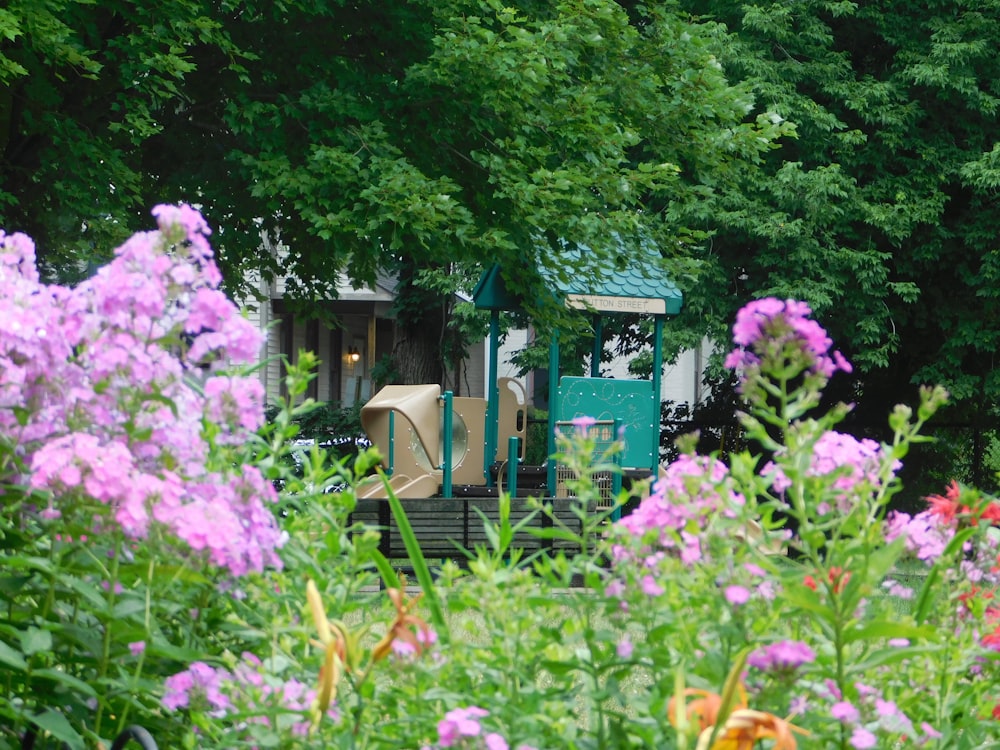 teal bench surrounded with trees