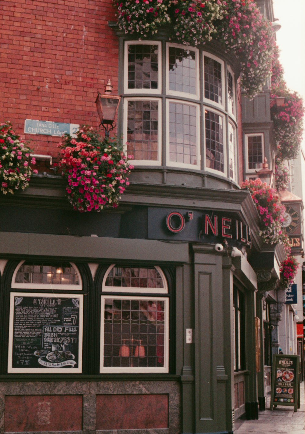 pink flowers on brown restaurant building