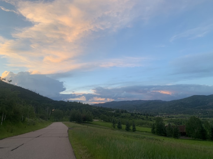 A freshly paved road winding through a green landscape under a clear blue sky.