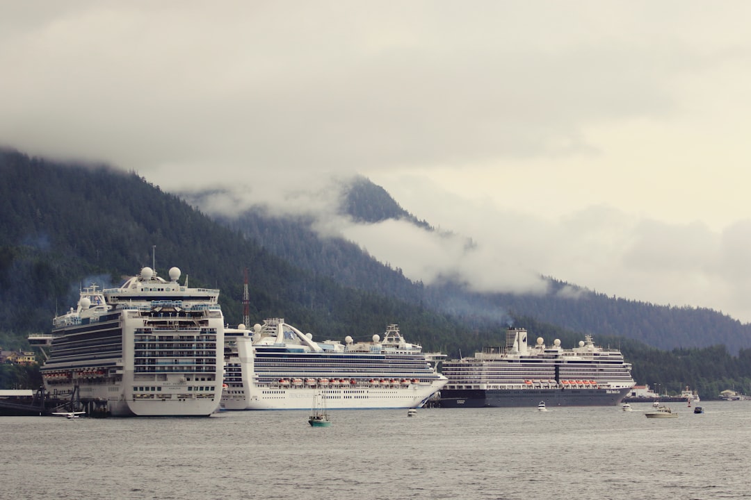 three white and gray cruise ships parked beside black mountains