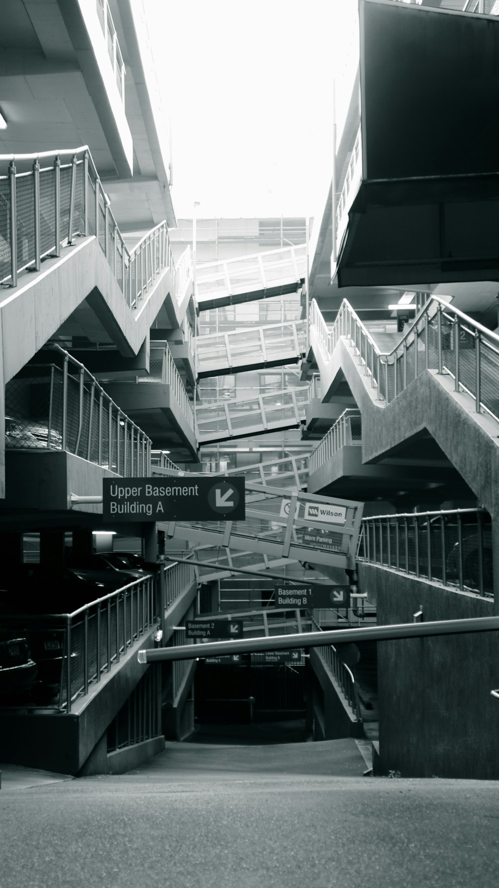 grayscale photo of concrete stairs