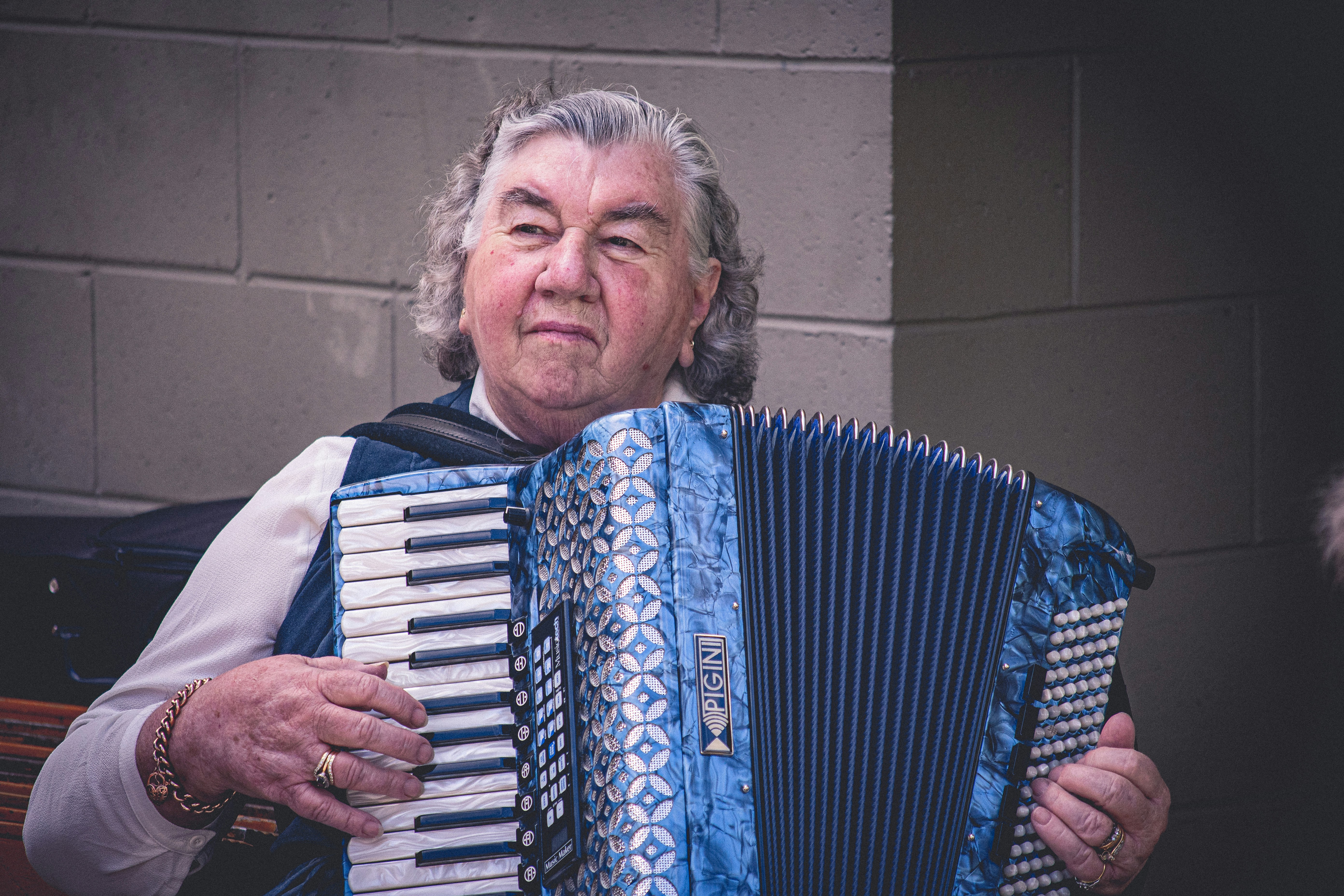 person playing blue and white accordion