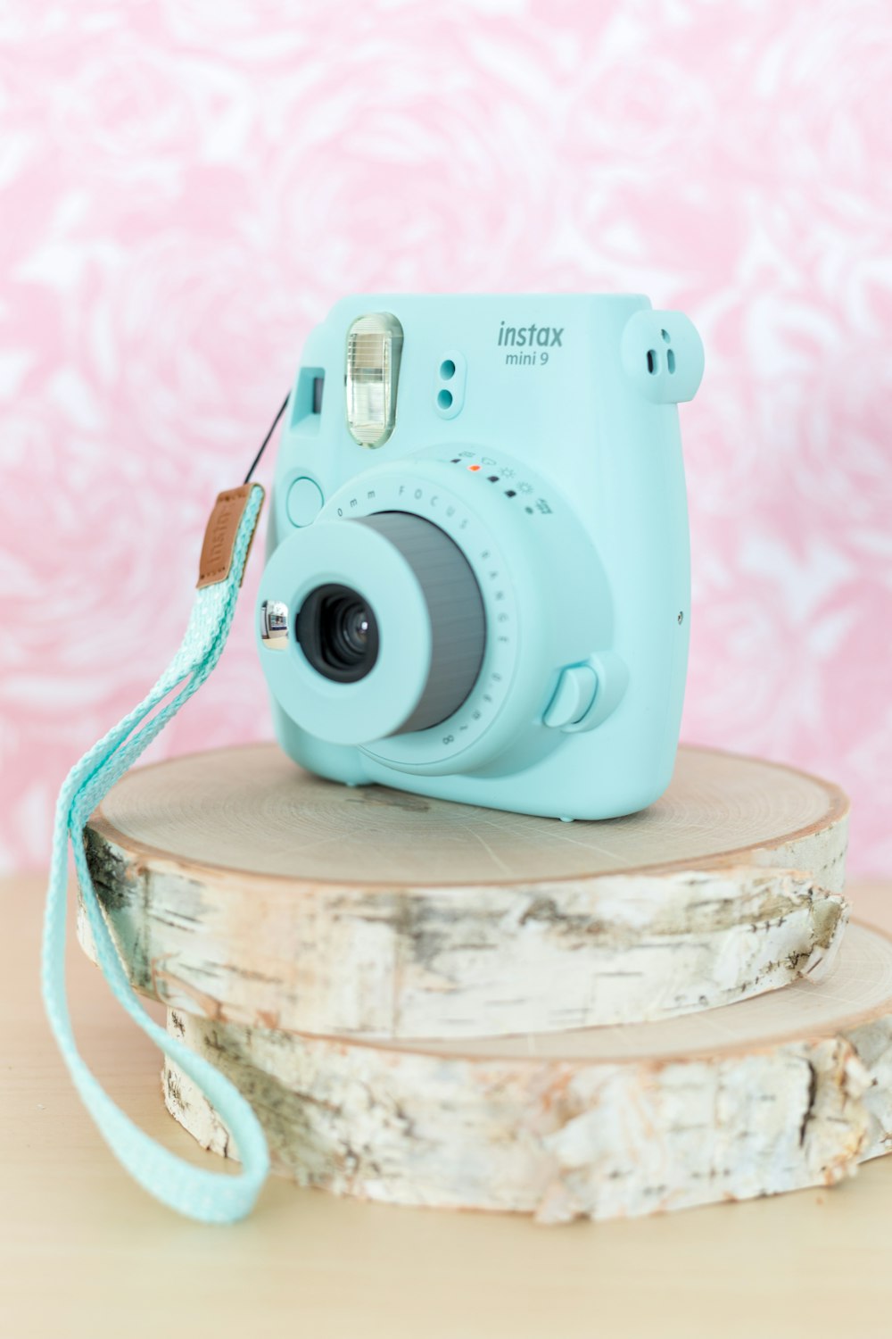 a blue camera sitting on top of a tree stump