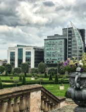 A modern garden design blueprint displayed on a digital tablet outdoors