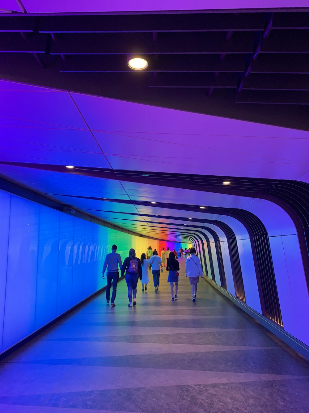 people walking on purple hallway