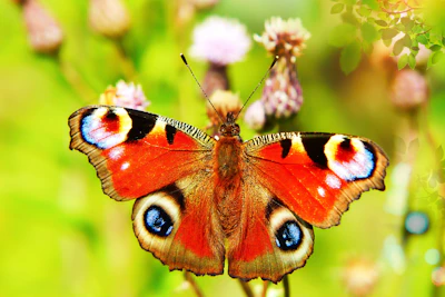 Close-up of a vibrant butterfly painting with intricate patterns and bold colors.