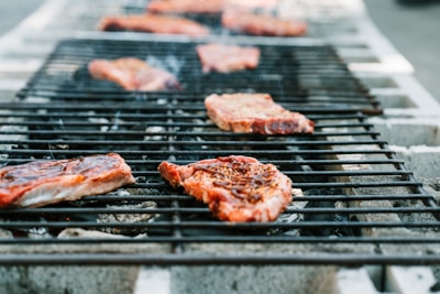 Several pieces of grilled meat resting on a barbecue grill, with a slightly charred appearance. Gray concrete blocks support the metal grill bars, and the background is softly blurred, highlighting the meat.