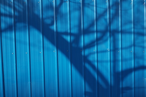 A blue metal wall with a shadow of a tree cast across it, creating an interesting pattern of branches and light. The wall features vertical grooves and small, evenly spaced rivets or screws.