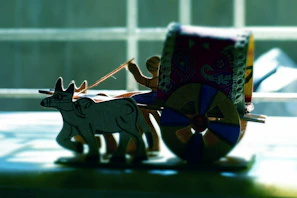 Finished Kondapalli toy set featuring village scenes with animals and people.