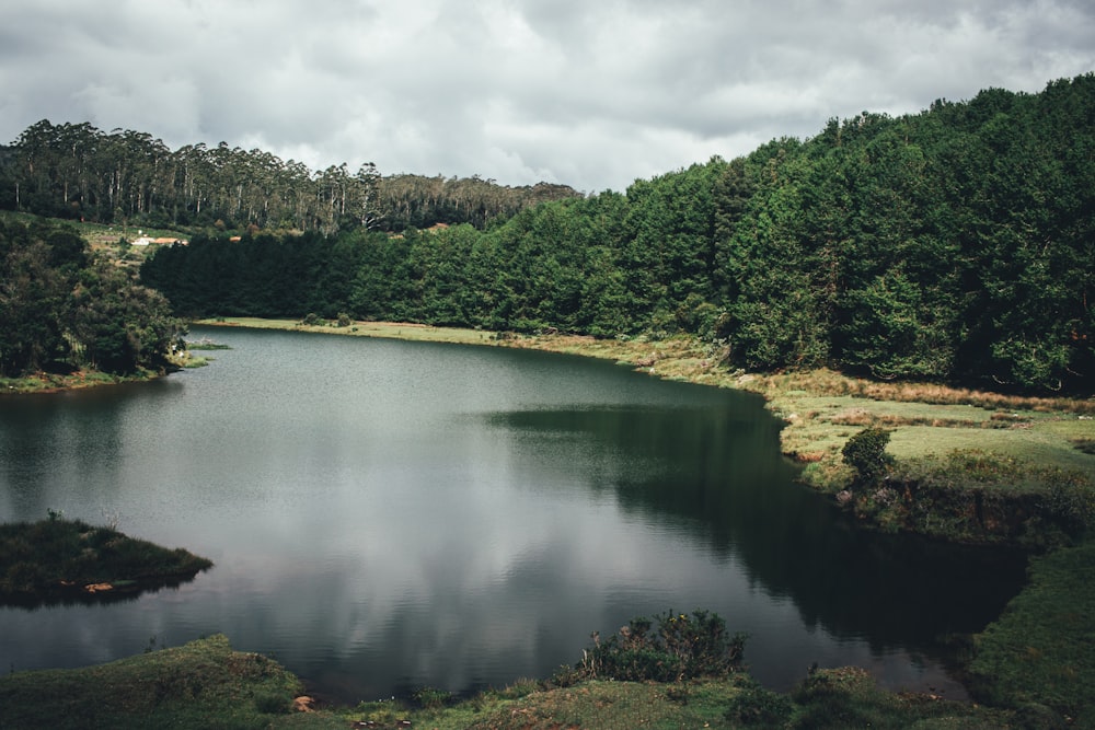 Plan d’eau noir sous des nuages blancs