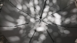 An open umbrella viewed from underneath, showing its skeleton and fabric. Dappled sunlight creates circular patterns of light and shadow on the fabric, adding a textured effect. The structure of the umbrella is clearly visible with metal rods radiating from the center.