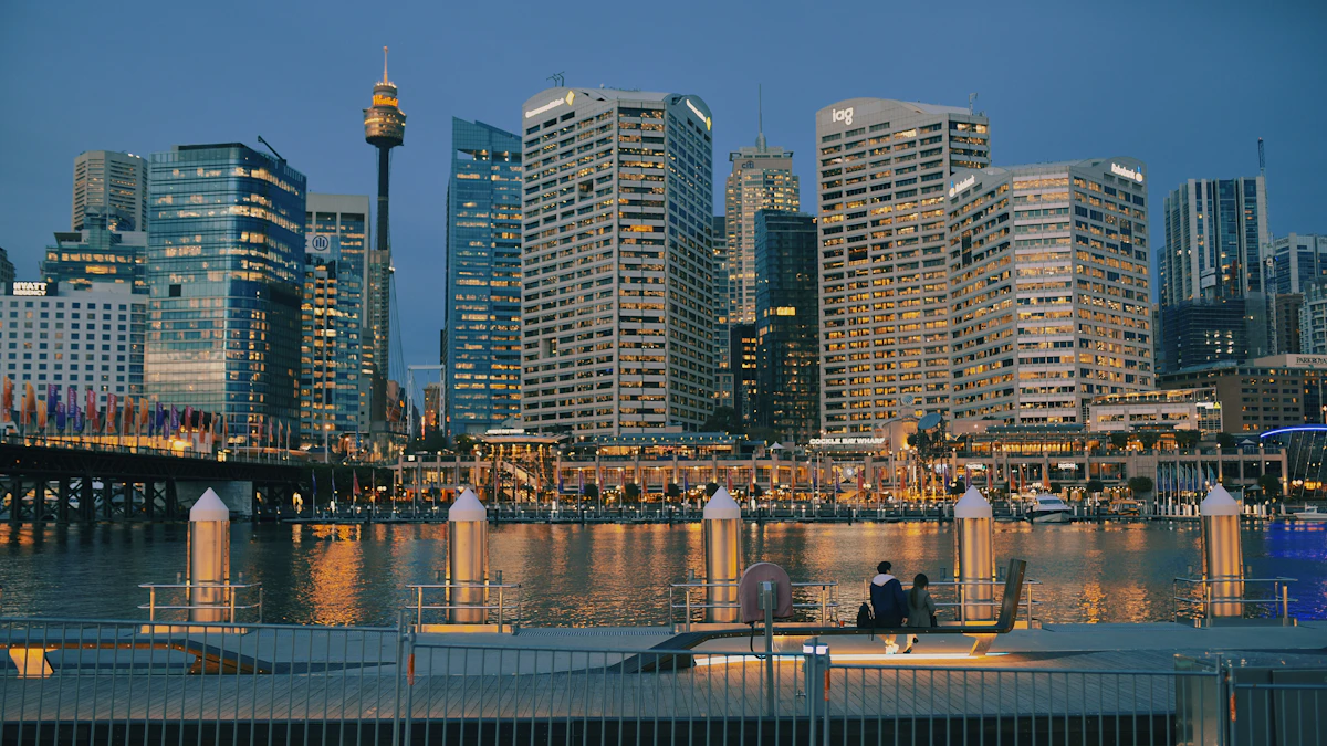 Sydney harbour city buildings lit at night