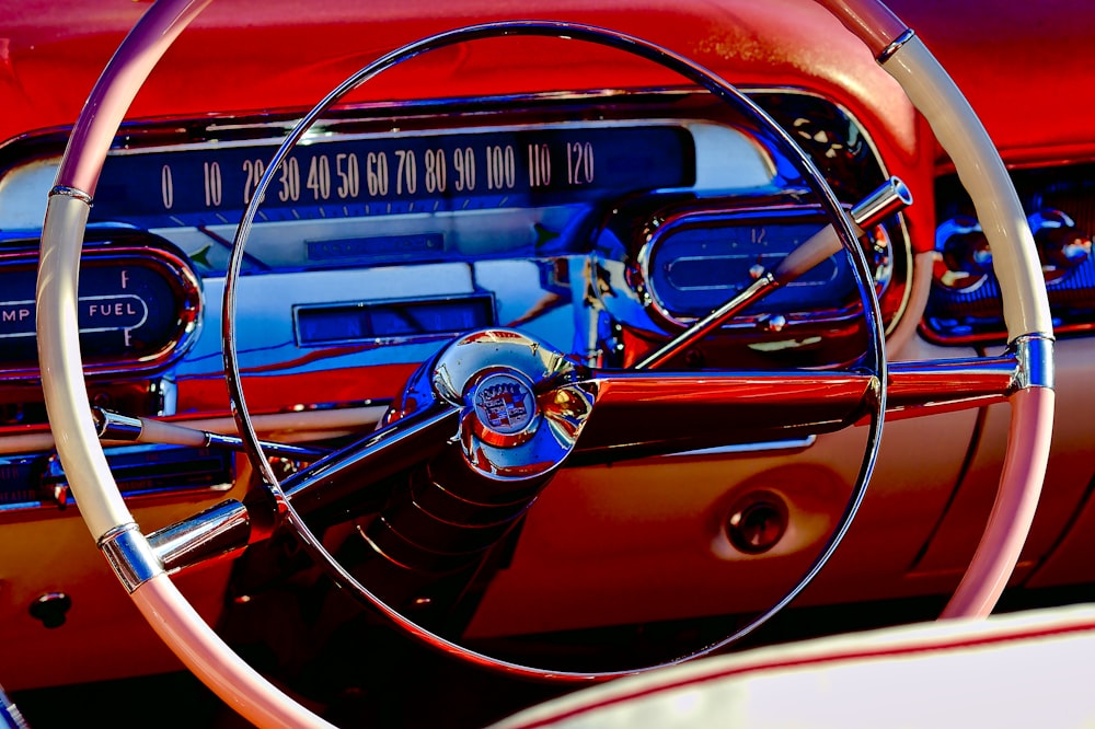 gray and red steering wheel