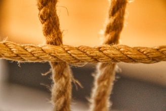 Close-up view of a thick rope made of intertwined fibers with a focus on its texture. The rope is stretched horizontally across the image with blurred background, emphasizing the details and fibrous nature.