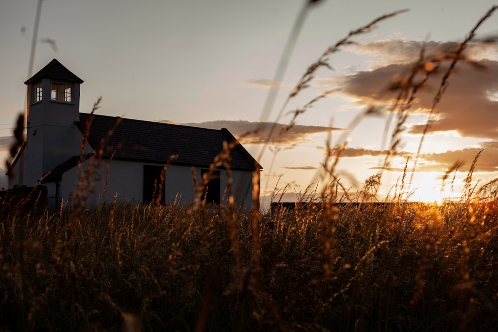 white and black house under gray sky at golden hour