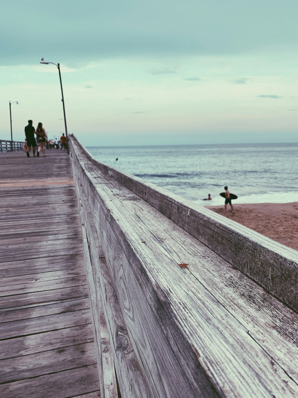 two person standing on brown wooden dock