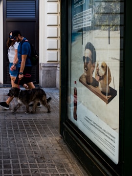 A man and a woman walk along a street with a dog on a leash. They pass by an advertisement featuring a smiling man and a dog, along with a Coca-Cola bottle. The setting is urban, with a tiled sidewalk and a building wall.
