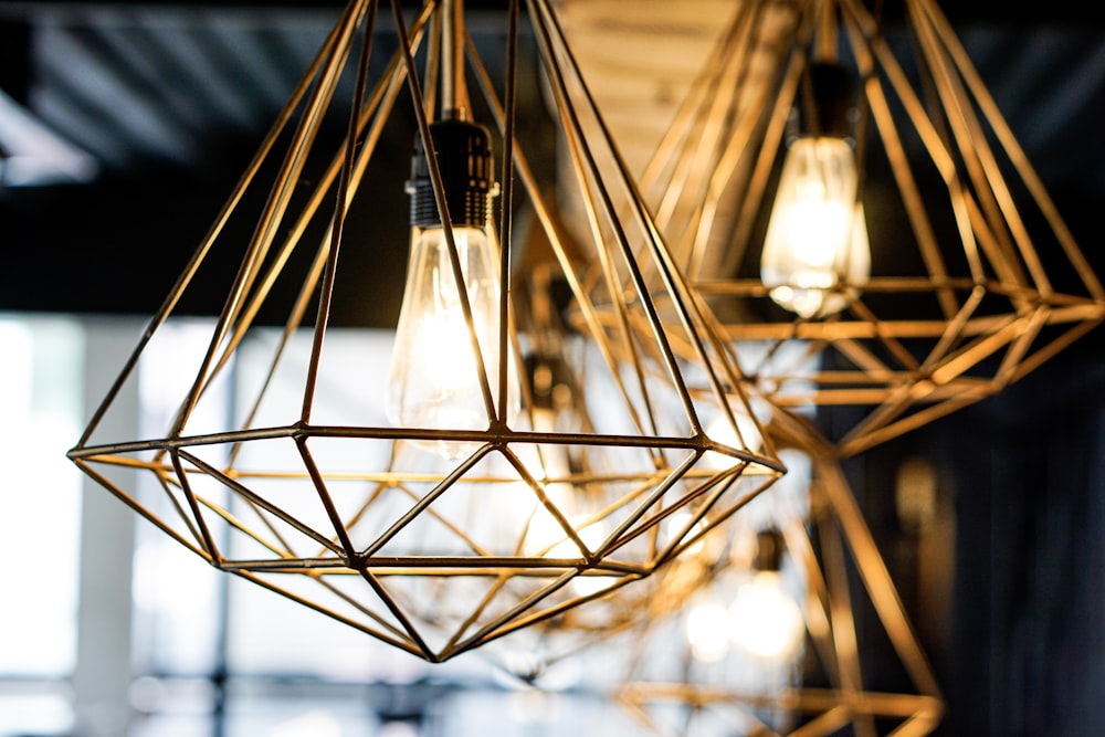 gold metal-caged bulbs