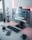 A vibrant workspace with a computer displaying analytics and music visuals.