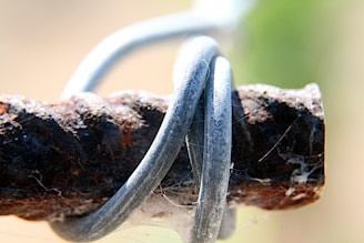 A close-up of a rusty metal rod wrapped with silver wire, surrounded by the texture of the rust and a few faint spiderweb threads.