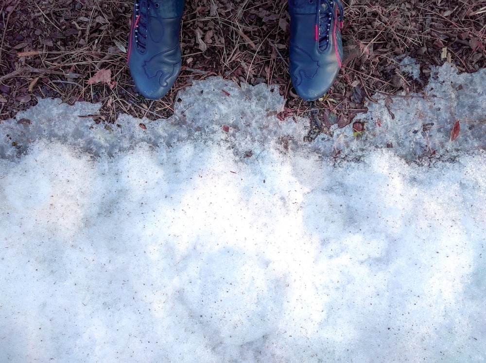 a pair of blue shoes standing in the snow