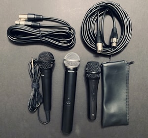 A collection of audio equipment including three microphones of different designs, several audio cables, and a black zippered pouch. The microphones feature both silver and black grills, and the cables have various connectors like XLR and quarter-inch jacks.