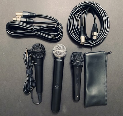 A collection of audio equipment including three microphones of different designs, several audio cables, and a black zippered pouch. The microphones feature both silver and black grills, and the cables have various connectors like XLR and quarter-inch jacks.