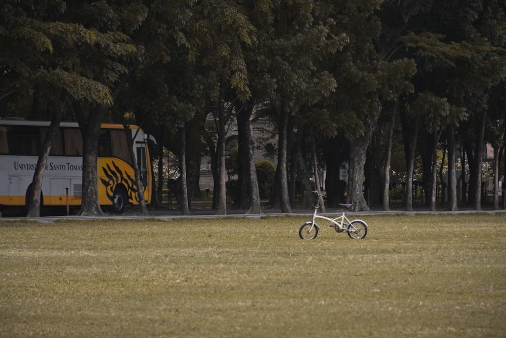 a bike parked in the middle of a park