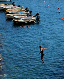 Athlete preparing to dive into deep blue waters with rocky coastline in background.