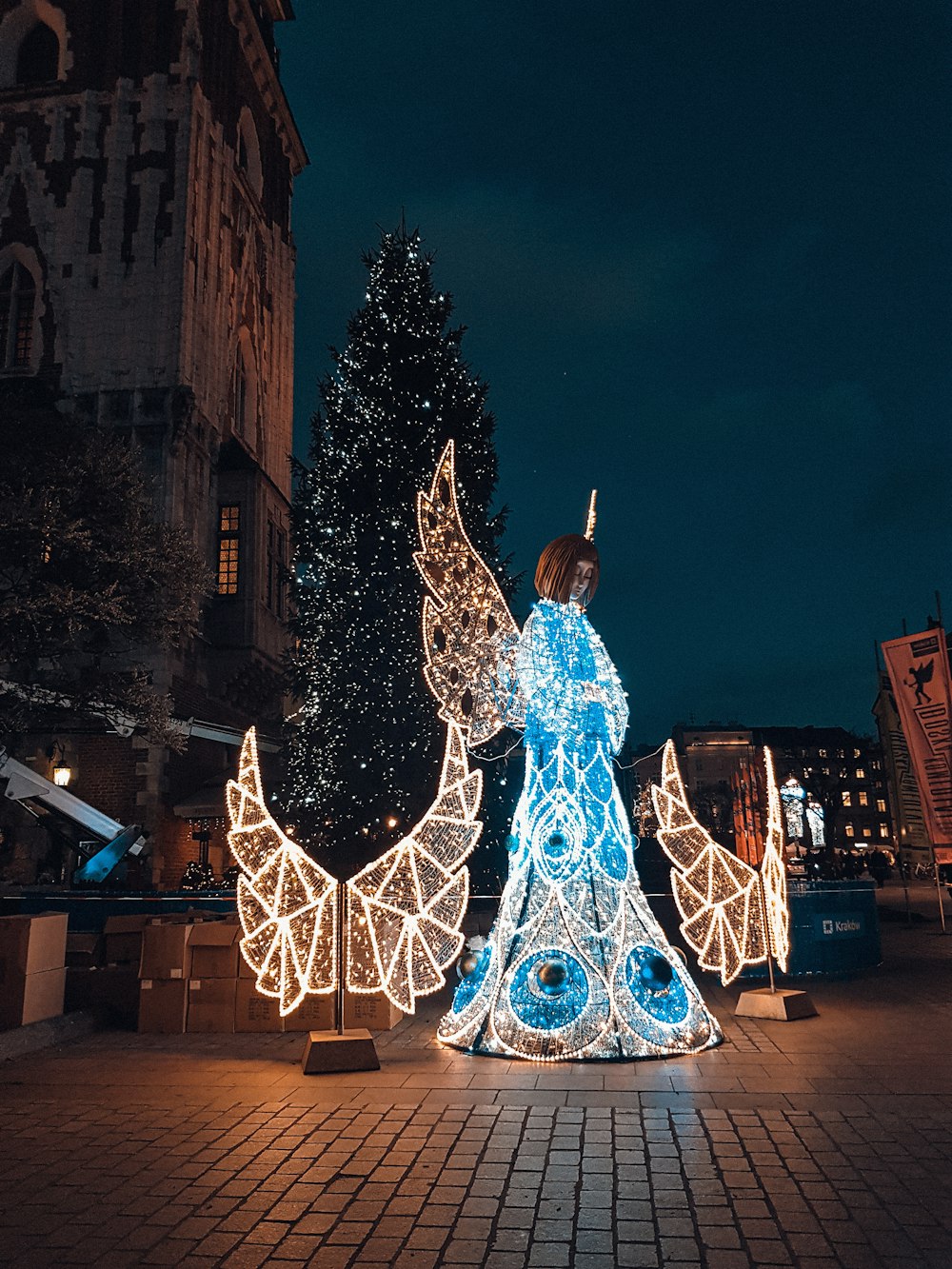 three blue and brown Christmas decors