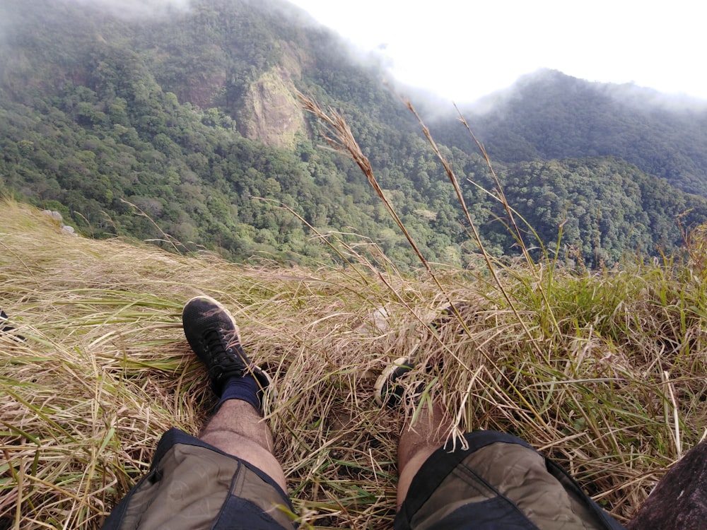 person sitting on grass facing the mountains and trees