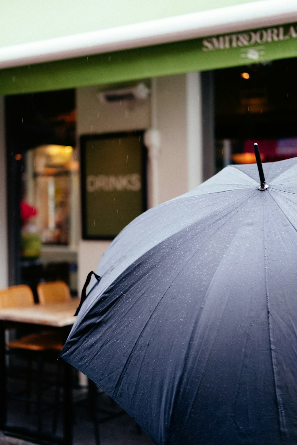 black umbrella in front of store