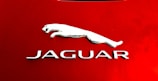 A sleek metallic jaguar emblem is set against a vibrant red background. The stylized silver logo features the iconic silhouette of a leaping jaguar above the capitalized word 'JAGUAR'.