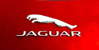 A sleek metallic jaguar emblem is set against a vibrant red background. The stylized silver logo features the iconic silhouette of a leaping jaguar above the capitalized word 'JAGUAR'.