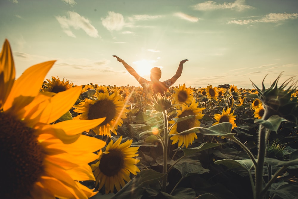 person standing beside flowers